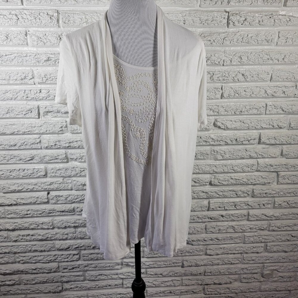 Carole Little Women Top 1X Plus Short Sleeve White Beaded Overlay Casual WHI24E